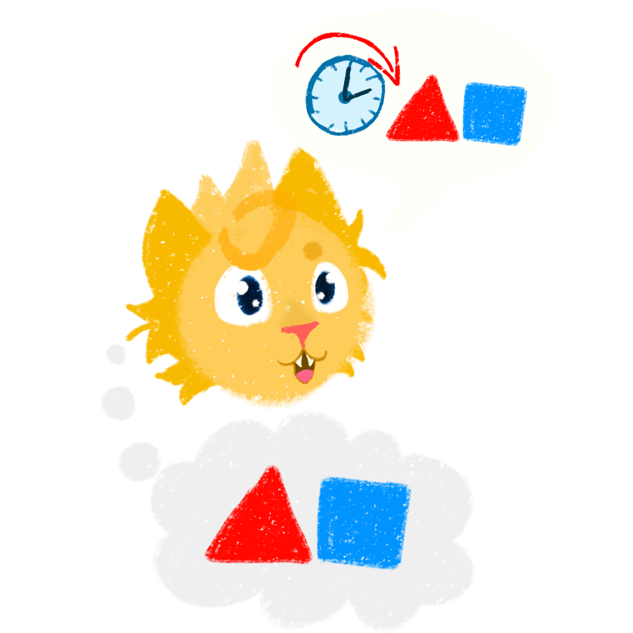  A cartoon cat with large, round eyes is shown. The cat's mouth is open slightly. A speech bubble above the cat's head contains a clock icon pointing downwards and a red triangle and a blue square. In the cat's thought bubble, a red triangle and a blue square are visible.